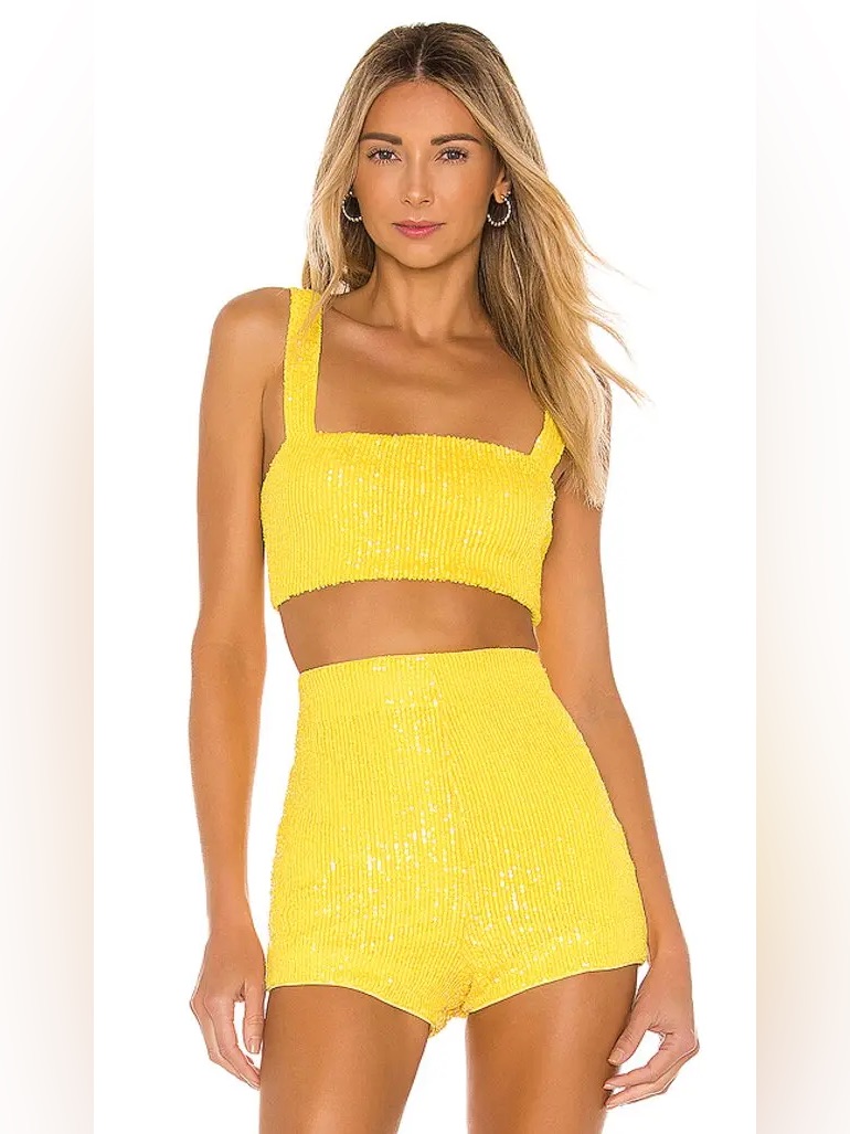 Nbd Revolve Sydni Yellow Sequin Crop Tank & High-Waist Shorts Set (125)
